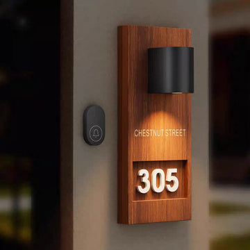 Custom Solar Address Sign | 30mm Thick Wood Grain & Wrought Iron House Numbers