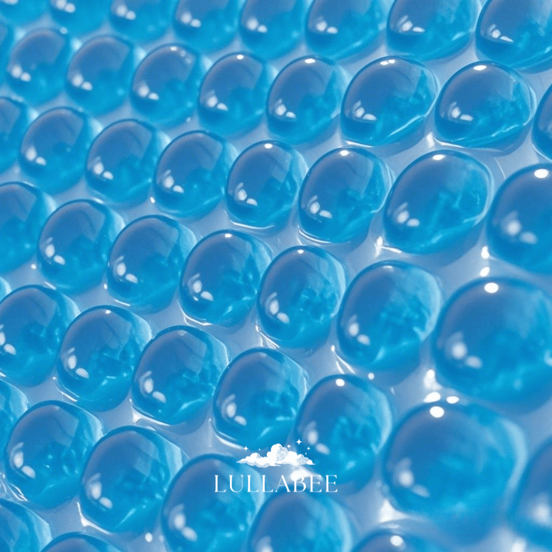 CoolingCode™ 3D Gel Pillow Topper in vibrant blue floating in a clear pool, designed for comfort and heat dissipation.