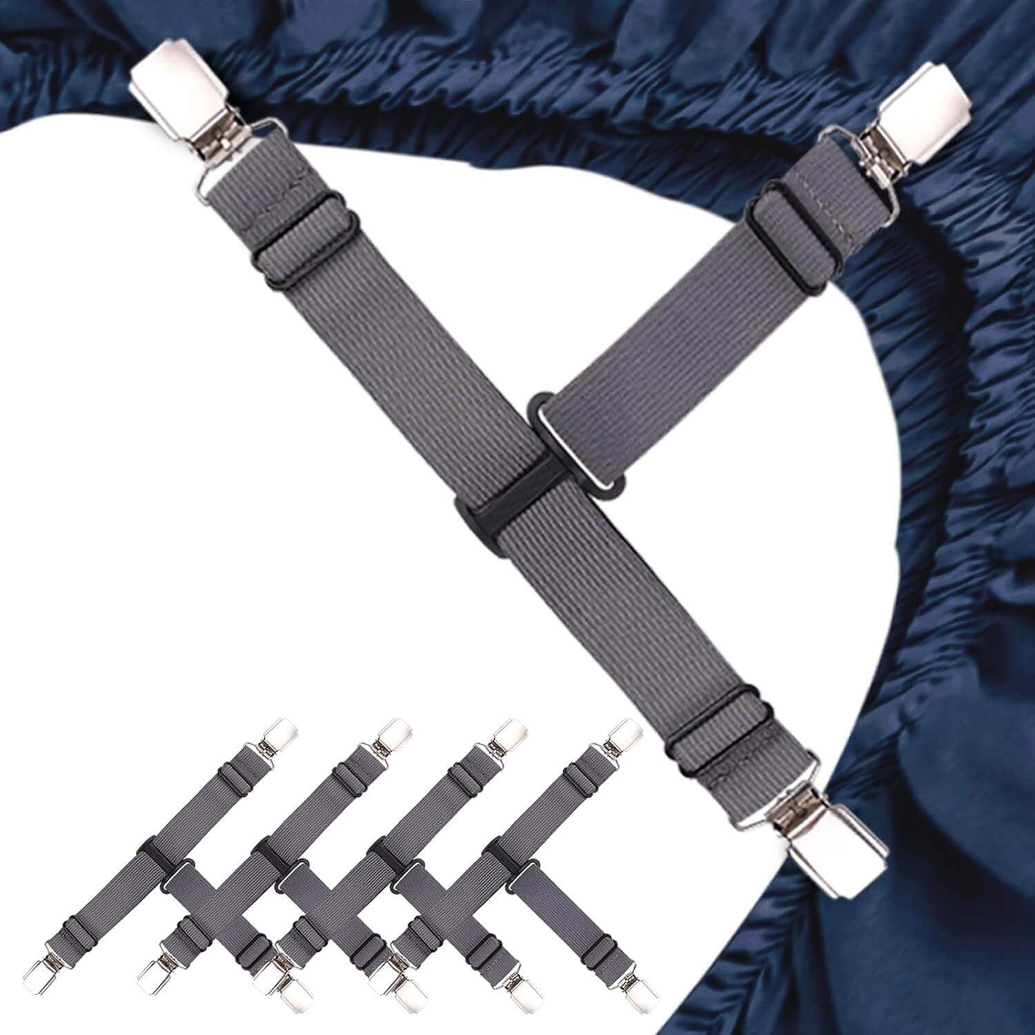 Anti-slip bed sheet fasteners with nickel-plated clips, heavy-duty design for secure bedding, easy setup without tools.