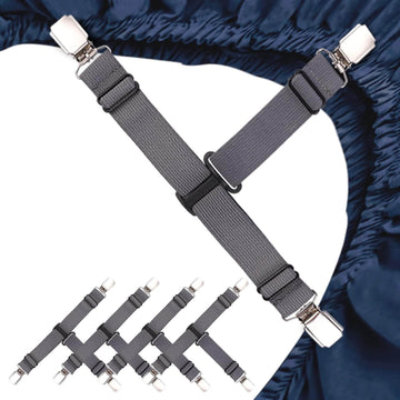 Anti-slip bed sheet fasteners with nickel-plated clips, heavy-duty design for secure bedding, easy setup without tools.