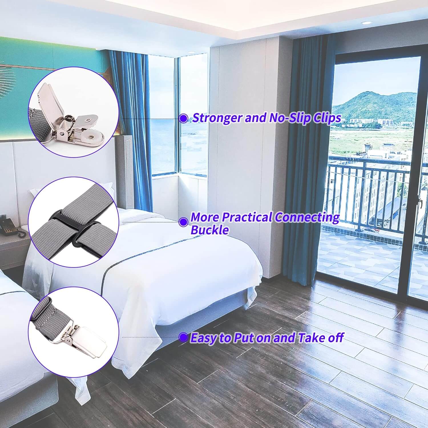 Anti-slip bed sheet fasteners featuring durable clips and easy-connect buckles for secure and convenient bedding.