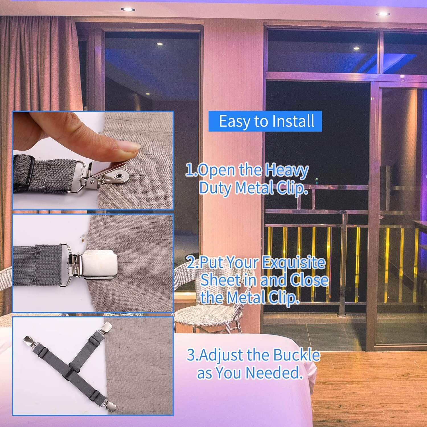 Instructions for installing heavy duty bed sheet fasteners with metal clips and adjustable straps in a bedroom setting.