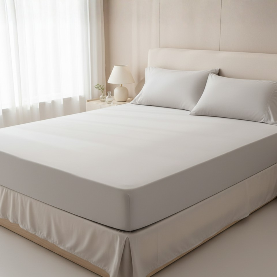 Complete gray bedding set including fitted sheet and pillowcases arranged on a bed, emphasizing seamless cooling coverage