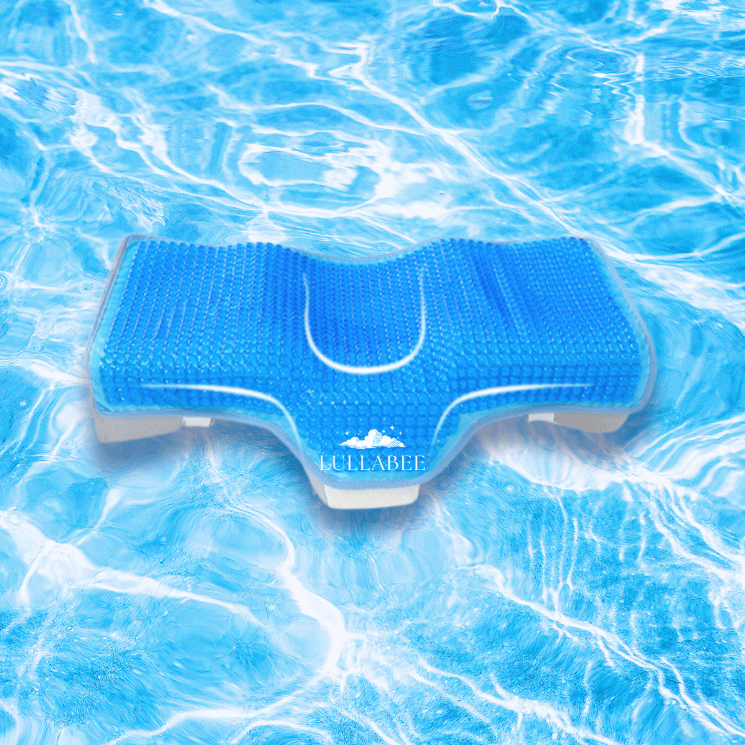 CoolingCode™ 3D Gel Pillow Topper in vibrant blue floating in a clear pool, designed for comfort and heat dissipation.